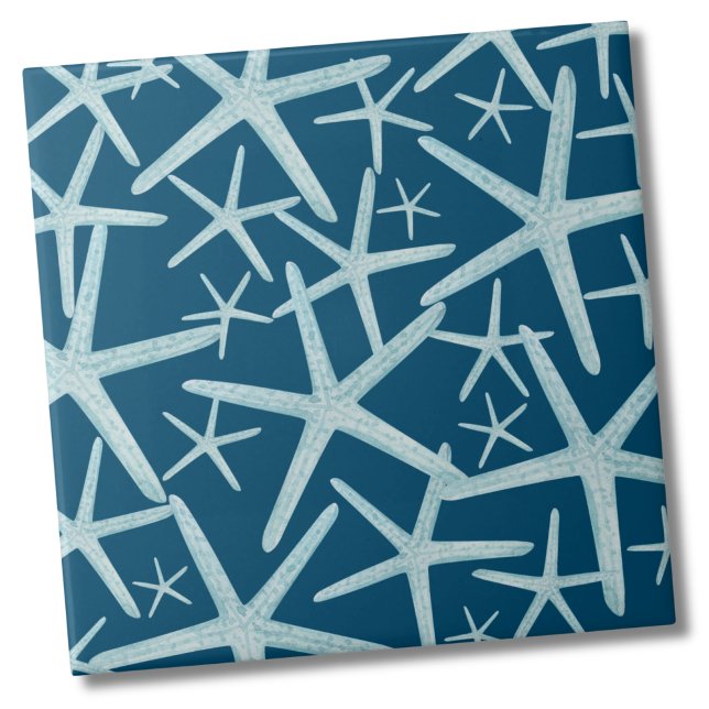 Padrão de Praia Azul Marinho Náutico Costeira (Navy Blue Teal Nautical Starfish Beach Pattern Ceramic Tile)