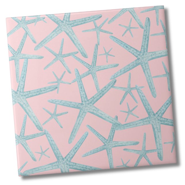 Padrão de Praia Costeira (Blush Pink Teal Nautical Starfish Beach Pattern Ceramic Tile)