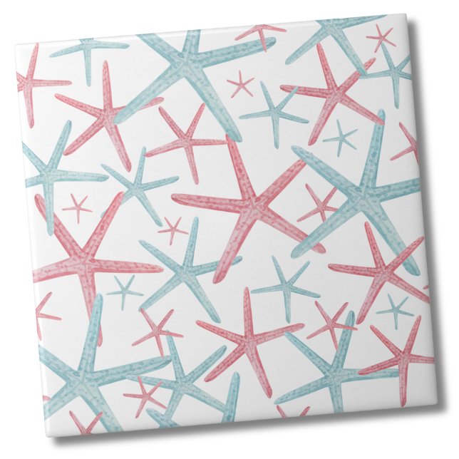 Padrão de Praia Costeira Náutica (Teal Pink Nautical Starfish Shell Beach Pattern Ceramic Tile)