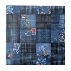 Padrão de Remendo Floral Índigo Denim Boho