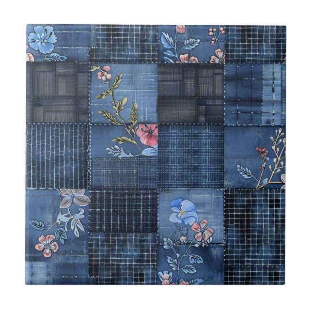 Padrão de Remendo Floral Índigo | Denim Boho (Frente)