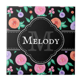 Padrão de Rosa de Aquarela Rosa / Roxo em Preto