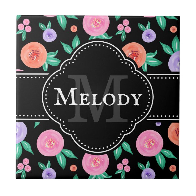 Padrão de Rosa de Aquarela Rosa / Roxo em Preto (Frente)