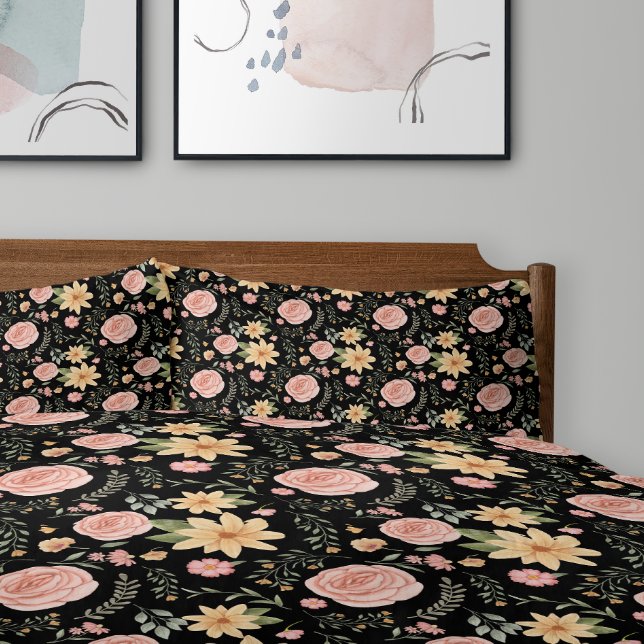 Padrão de Rosa de flor selvagem do legante preto (Black Elegant Vintage Wildflower Rose Pattern Pillow Case)