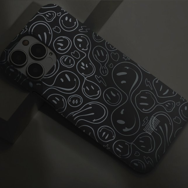 Padrão de Rosto Sorridente Arte de Linha Divertida (Smiling Face Pattern Playful Line Art Smile Black Case-Mate iPhone Case
)