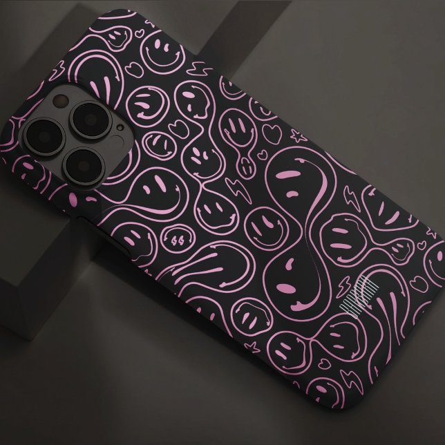 Padrão de Rosto Sorridente Groovy Sorriso Feliz Ro (Smiling Face Pattern Groovy Happy Smile Pink Black Case-Mate iPhone Case
)