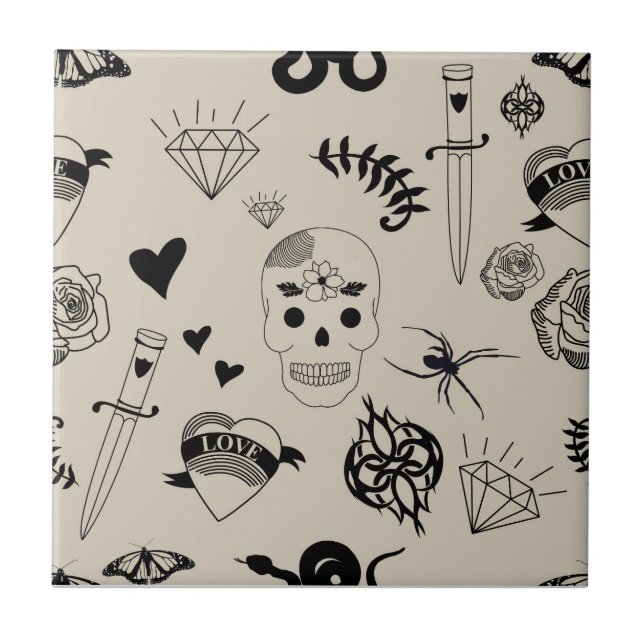 Padrão de Tatuagem Desenhada à Mão Preta e bege (Frente)