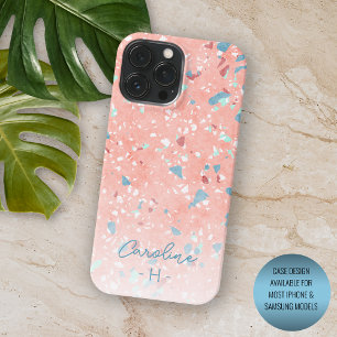 Padrão de Terrazzo Verde Azul Branco Coral Vermelh