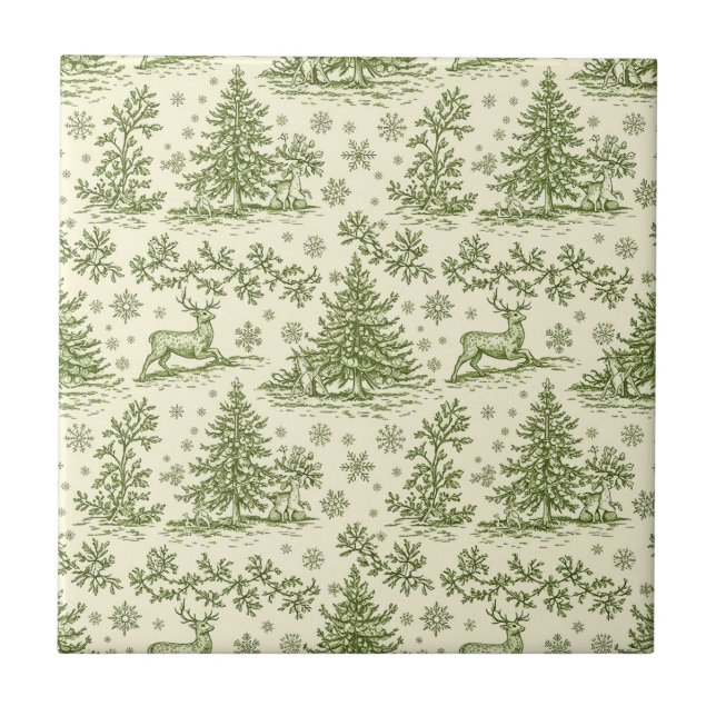 Padrão de Veado Toile de Natal Verde Vintage (Frente)
