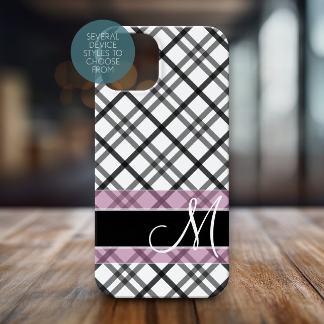 Padrão de xadrez com Monograma - rosa branco preto (Personalized Phone Case with Huge Monogram)