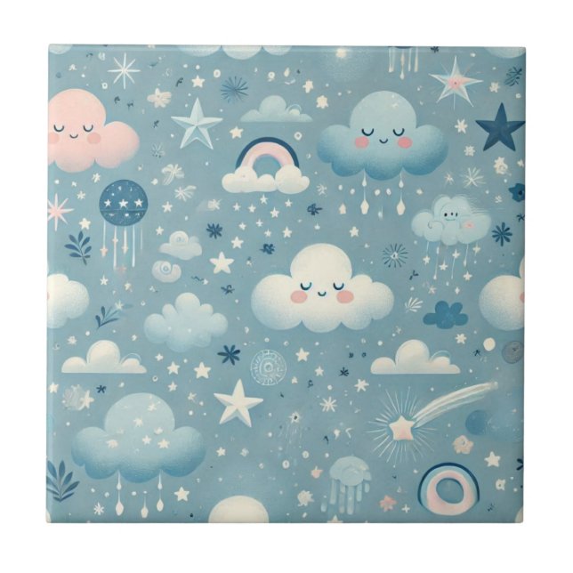 Padrão do Céu Whimsical com Nuvens, Estrelas - Azu (Frente)