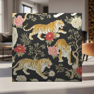Padrão Elegante de Chinoiserie Preto com Tigre e P