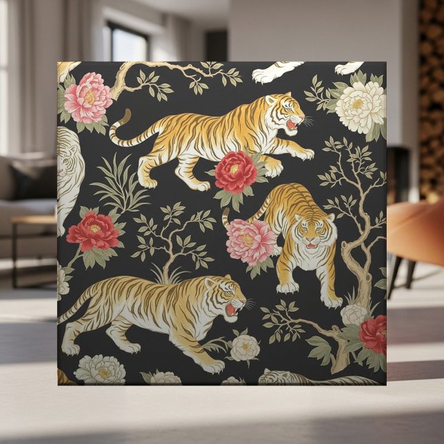 Padrão Elegante de Chinoiserie Preto com Tigre e P (Criador carregado)