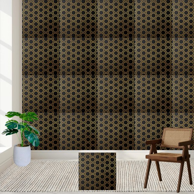 Padrão Elegante de Hexágono Negro e Dourado do Hon (Elegant Black and Gold Honeycomb Hexagon Pattern Ceramic Tile)