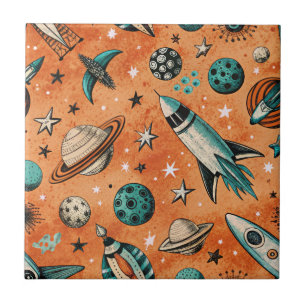 Padrão Espacial Foguete Retro Terracota Teal