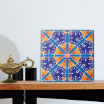 Padrão Espanhol Do Mediterrâneo Azul E Laranja<br><div class="desc">Azulejo decorativo cerâmico decorativo com padrões oculares em tons coloridos de azul e laranja.</div>