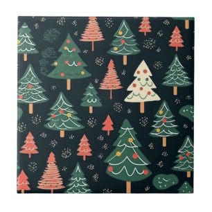 Padrão Festivo de Árvore de Natal Verde e Coral