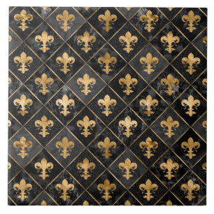 Padrão Fleur-de-lis Marble Preto e Dourado