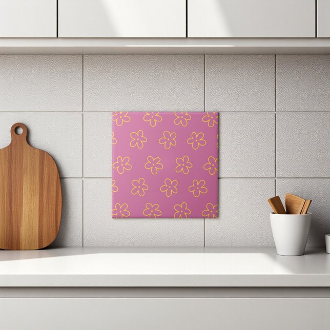 Padrão Flor Simples Amarelo Roxo Retro (Retro Purple Yellow Floral Simple Flower Pattern Ceramic Tile)