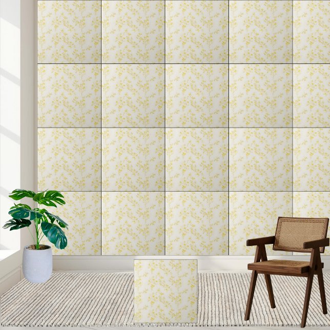 Padrão Floral Amarelo Delicado Forsythia (Delicate Yellow Forsythia Floral Pattern Ceramic Tile)