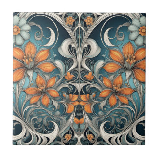 padrão floral Art Nouveau azul-turquesa laranja