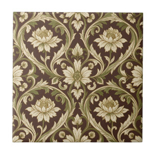 Padrão Floral Art Nouveau Creme Verde Ondulado