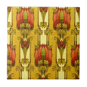 Padrão Floral Art Nouveau Vintage em Tulipa Vermel