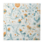 Padrão floral azul-alaranjado<br><div class="desc">Fundo branco. Decorrido com florais laranja e folhagem azul,  estilo folkart retrô</div>