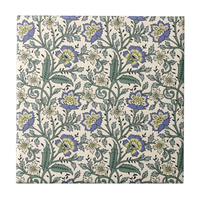 Padrão floral azul, amarelo e branco contínuo (Frente)