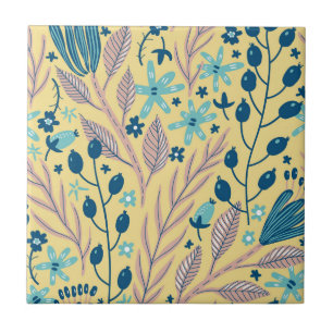 Padrão Floral Azul Botânico Moderno em Bege