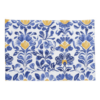 Padrão Floral Azul e Dourado do Mediterrâneo