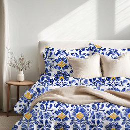 Padrão Floral Azul e Dourado do Mediterrâneo