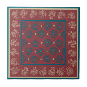 Padrão Floral Azul Escuro e bege no Vermelho Profu
