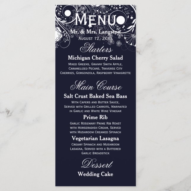 Padrão Floral Azul-Marinho/Branco - Menu de Recepç (Frente)