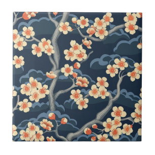 Padrão Floral Azul Marinho Coral Creme Sakura