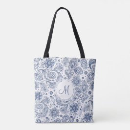 Padrão Floral Azul Monograma Tote Bag