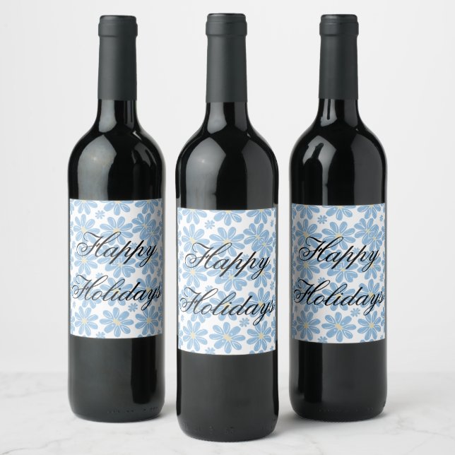 Padrão Floral Azul - Rótulos de Vinho Personalizad (Garrafas)