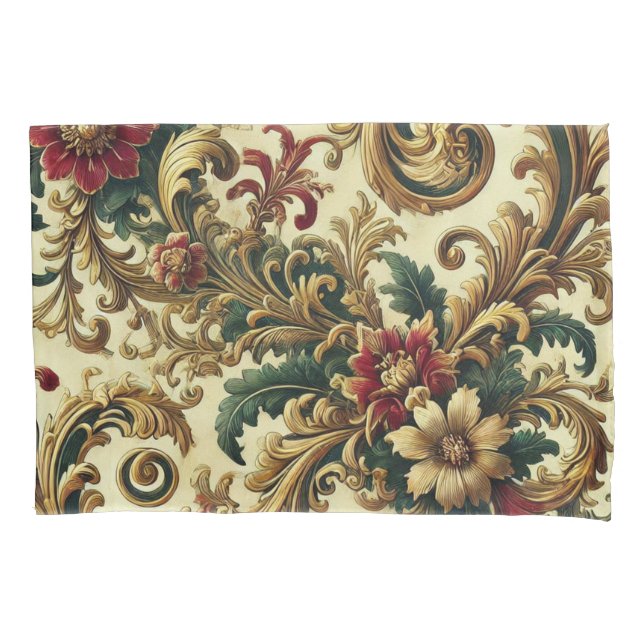 Padrão Floral Barroco com Dourado, Vermelho, Verde (Frente)
