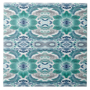 Padrão Floral Barroco em Azul Turquesa e Azul