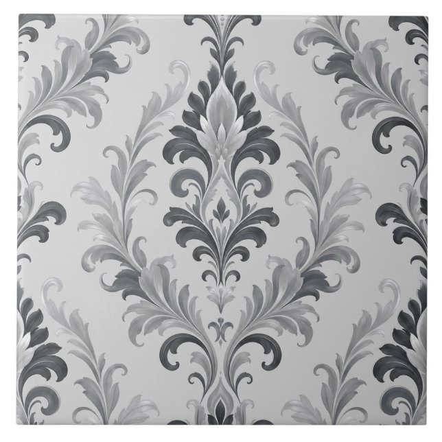 Padrão Floral Barroco em Cinza Prateado Damask (Frente)