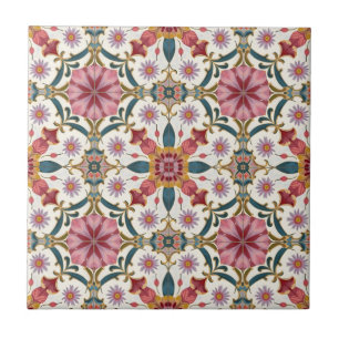 Padrão Floral Boho em Vermelho, Rosa e Azul Turque