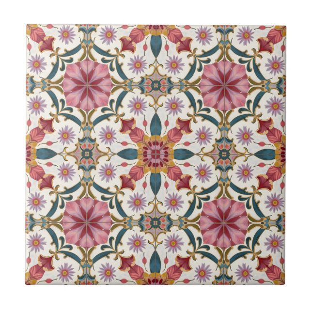 Padrão Floral Boho em Vermelho, Rosa e Azul Turque (Frente)