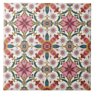 Padrão Floral Boho em Vermelho, Rosa e Azul Turque