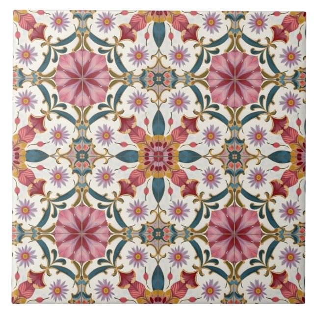 Padrão Floral Boho em Vermelho, Rosa e Azul Turque (Frente)