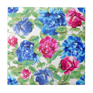 Padrão Floral Bonito Rosa Brilhante e Azul
