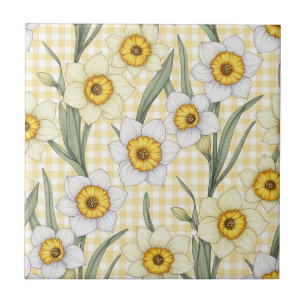 Padrão Floral Botânico Narciso Xadrez Amarelo