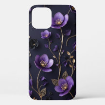 Padrão Floral Botânico Roxo e Dourado 3D Elegante