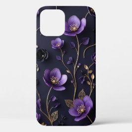 Padrão Floral Botânico Roxo e Dourado 3D Elegante