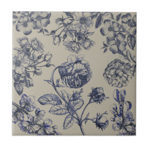 Padrão Floral Botânico Toile Azul Vintage Antigo