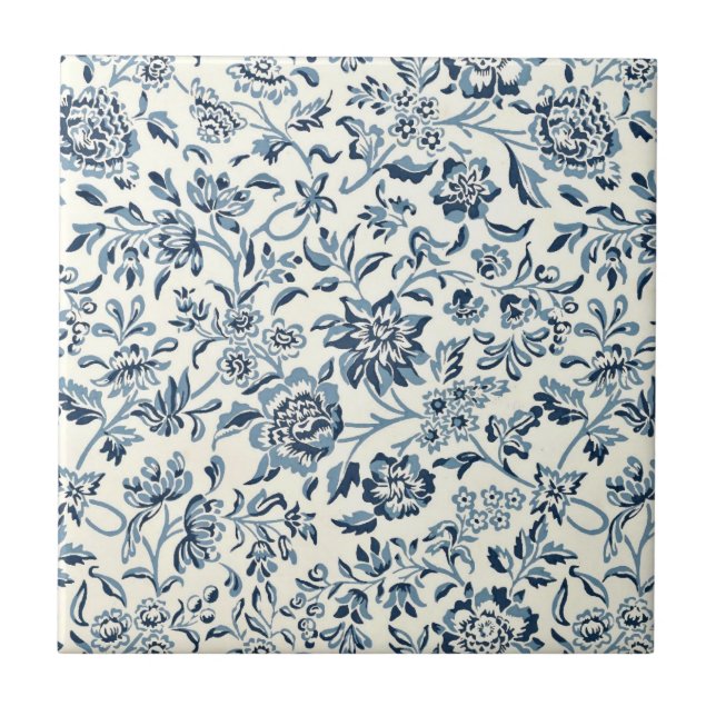 Padrão floral branco e azul de vinheta (Frente)